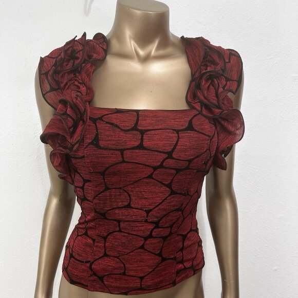 VTG 90s Red Ruffled Loop‎ Neck Sleeveless Smocked Crop Top Sz S Whimsigoth Vamp - Picture 1 of 10